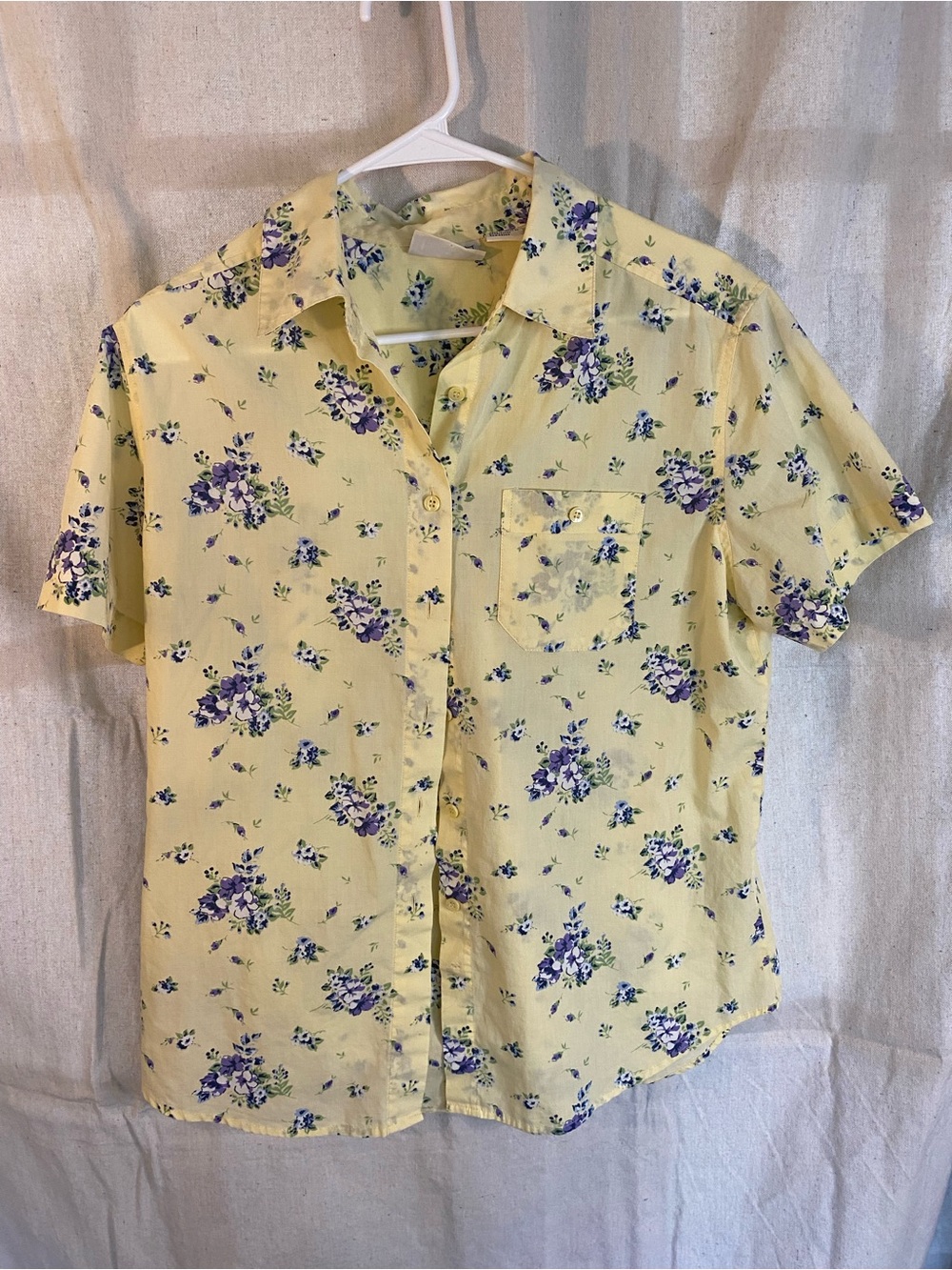 Basic Editions Yellow Short-Sleeve Button-Down Shirt with Purple Floral Print